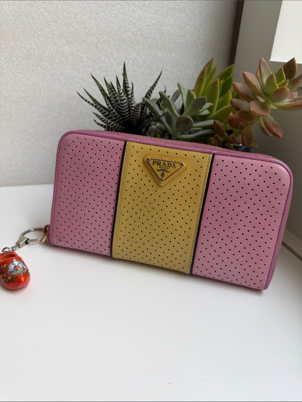 Prada Pink Yellow Striped Perforated Saffiano Leather Zip Around Wallet
